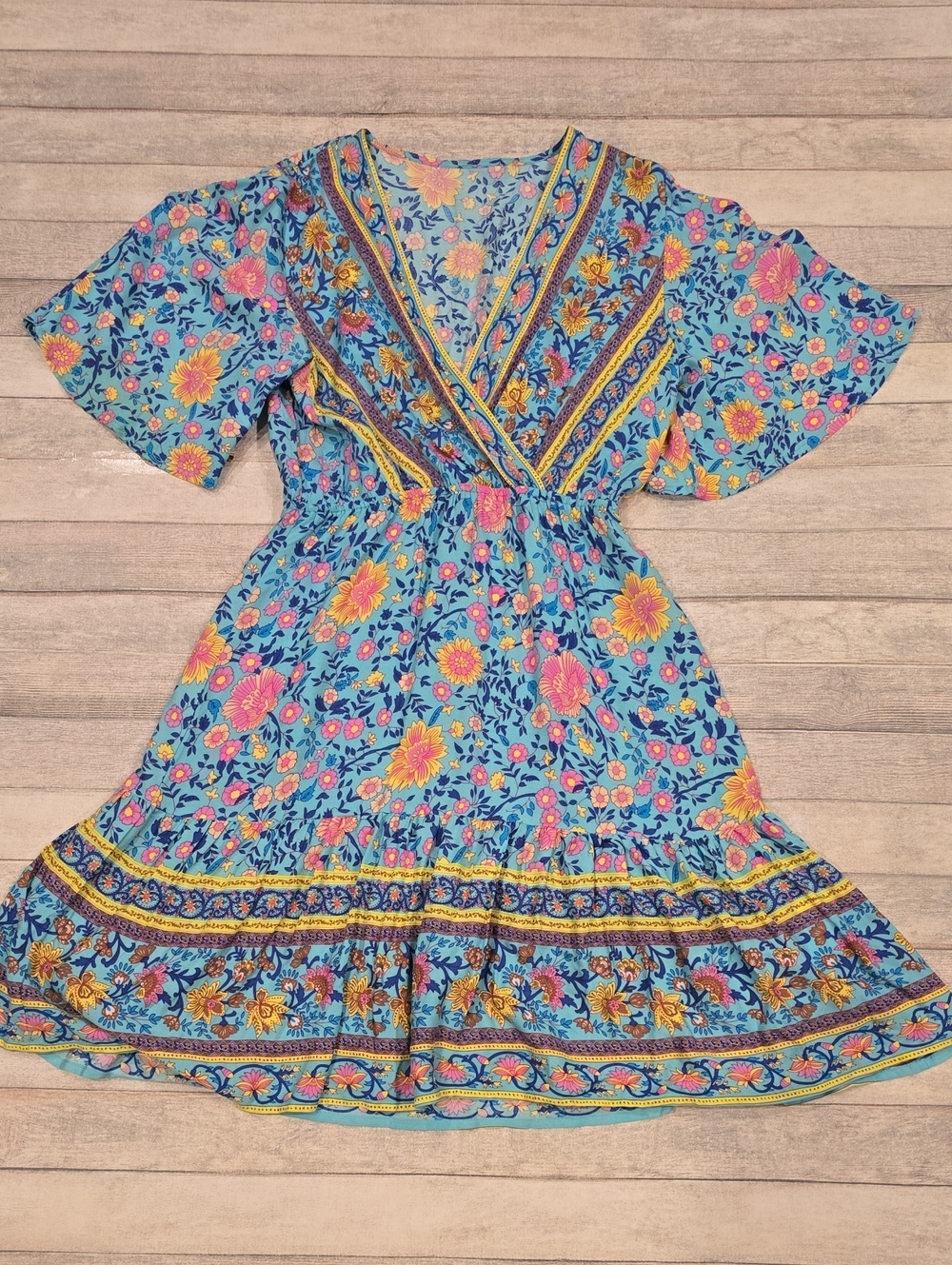 Cupshe Blue Floral Wrap Mini Dress with Pink & Yellow Blooms Size Medium New